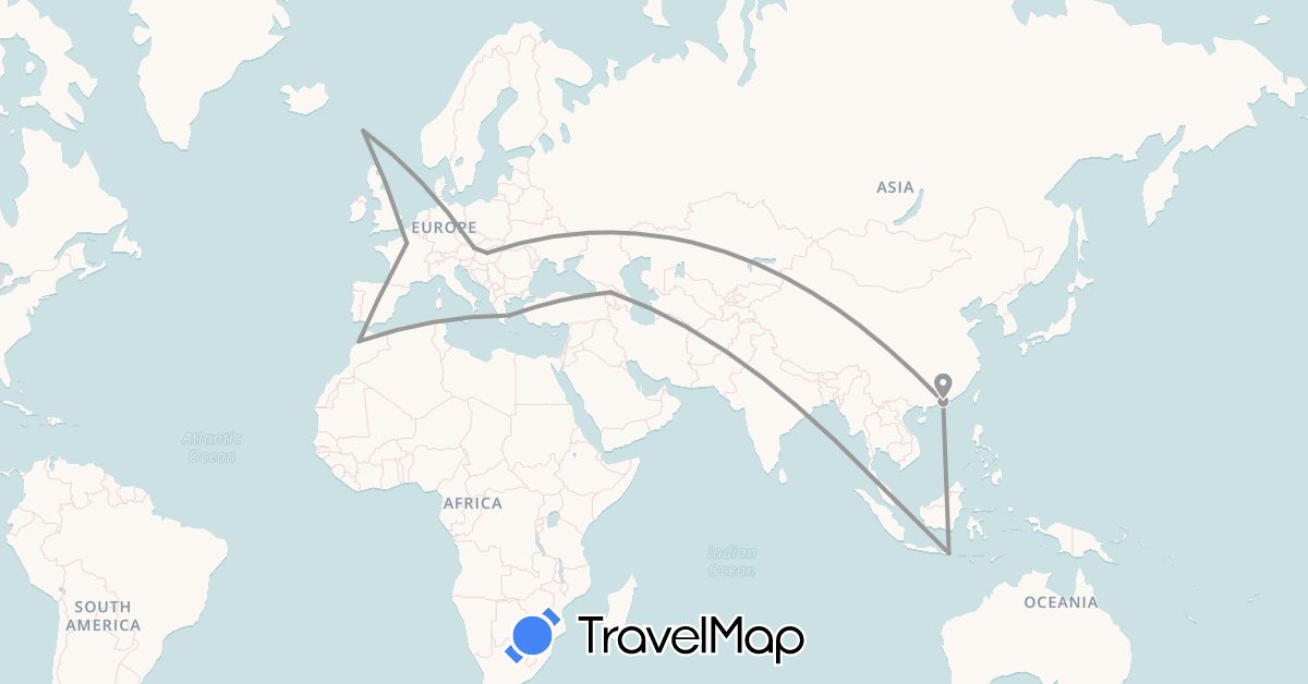 TravelMap itinerary: driving, plane in Austria, China, Spain, Faroe Islands, France, Georgia, Greece, Hungary, Indonesia, Morocco (Africa, Asia, Europe)