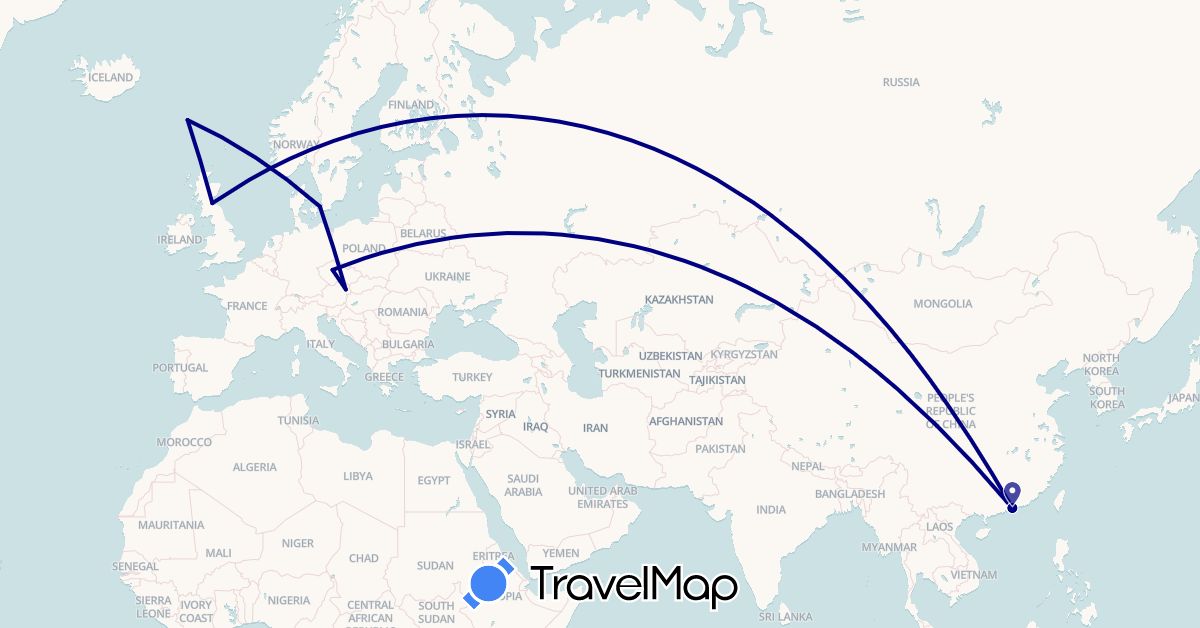 TravelMap itinerary: driving in Austria, China, Czech Republic, Denmark, Faroe Islands, United Kingdom (Asia, Europe)
