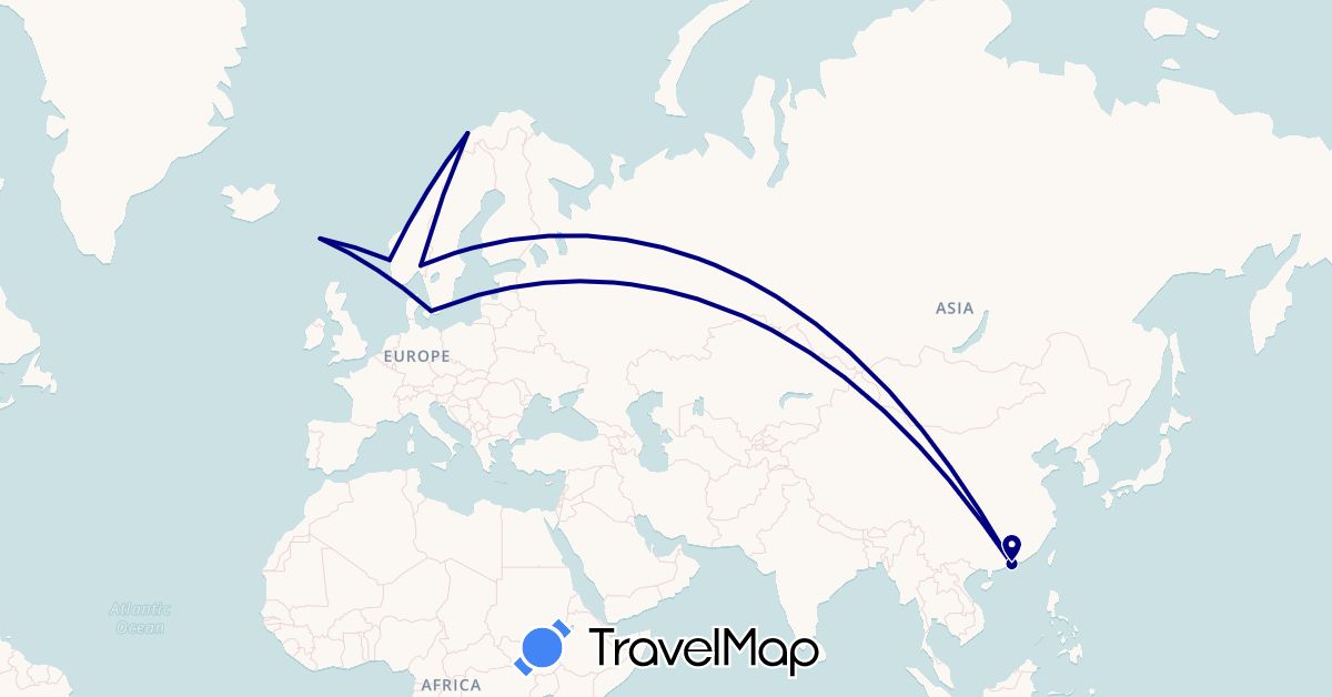 TravelMap itinerary: driving in China, Denmark, Faroe Islands, Norway (Asia, Europe)